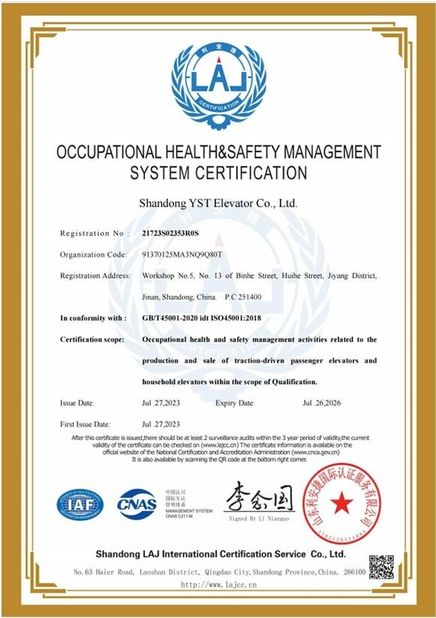 China Shandong YST Elevator Co., Ltd. certification