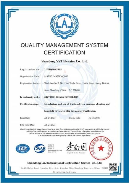 China Shandong YST Elevator Co., Ltd. certification